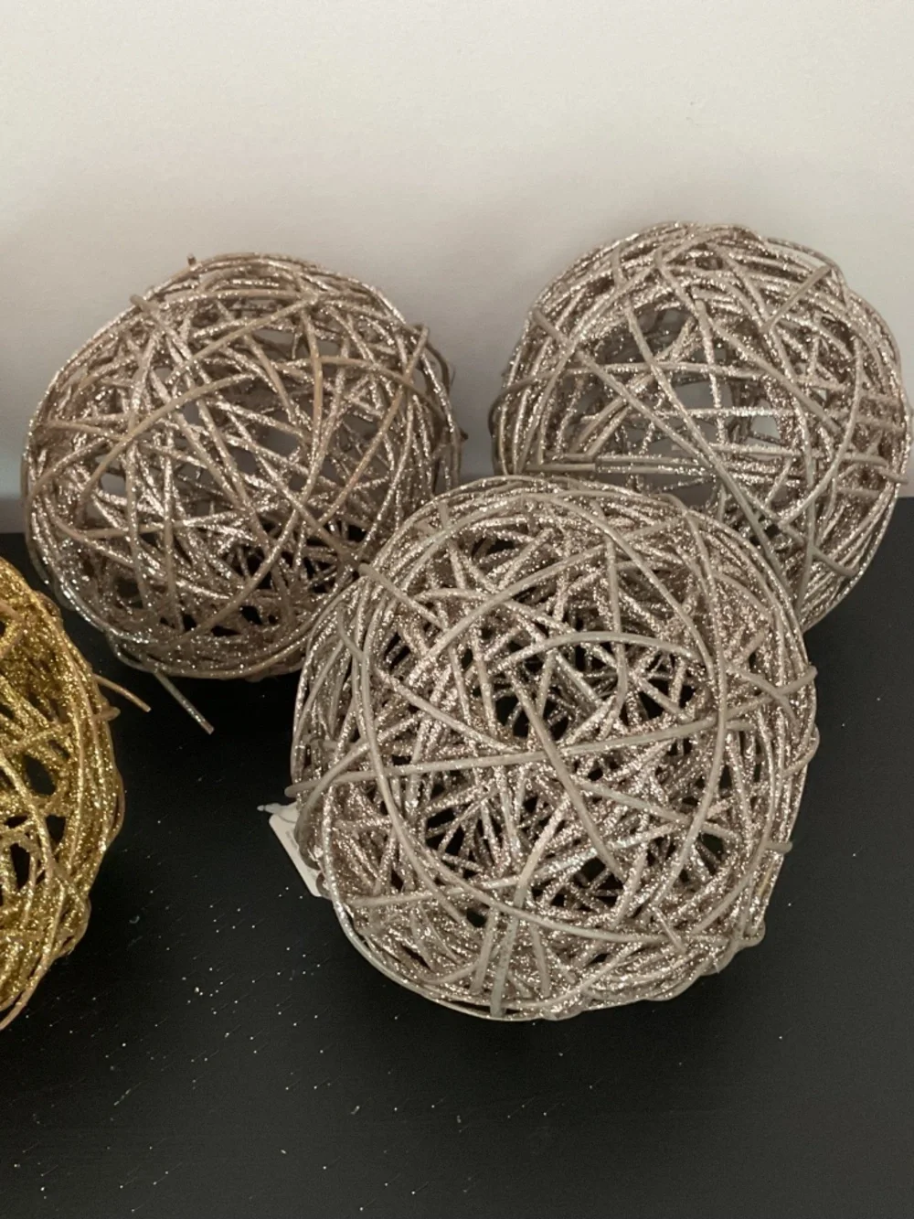 Pier 1 set of 7 Gold & Silver Glitter Round Wood Orbs Balls Holiday Decor
